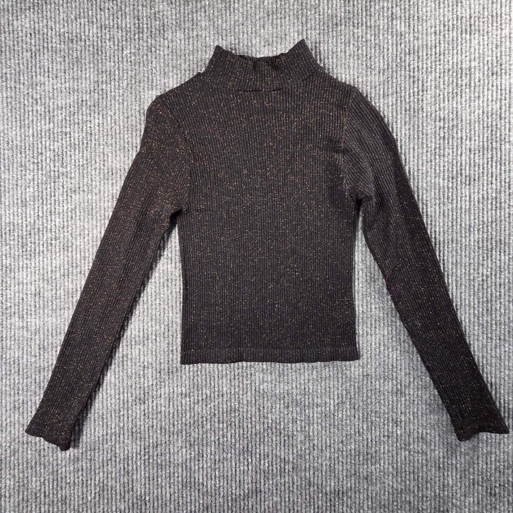 Aura Womens Mock Neck Ribbed Metallic Knit Long Sleeve Top Black Gold S/M
